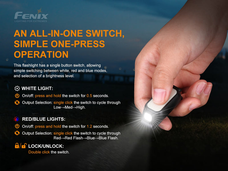 Fenix E-Lite 150 lumens Multipurpose super mini edc light with an all in one switch that is simple one press operation