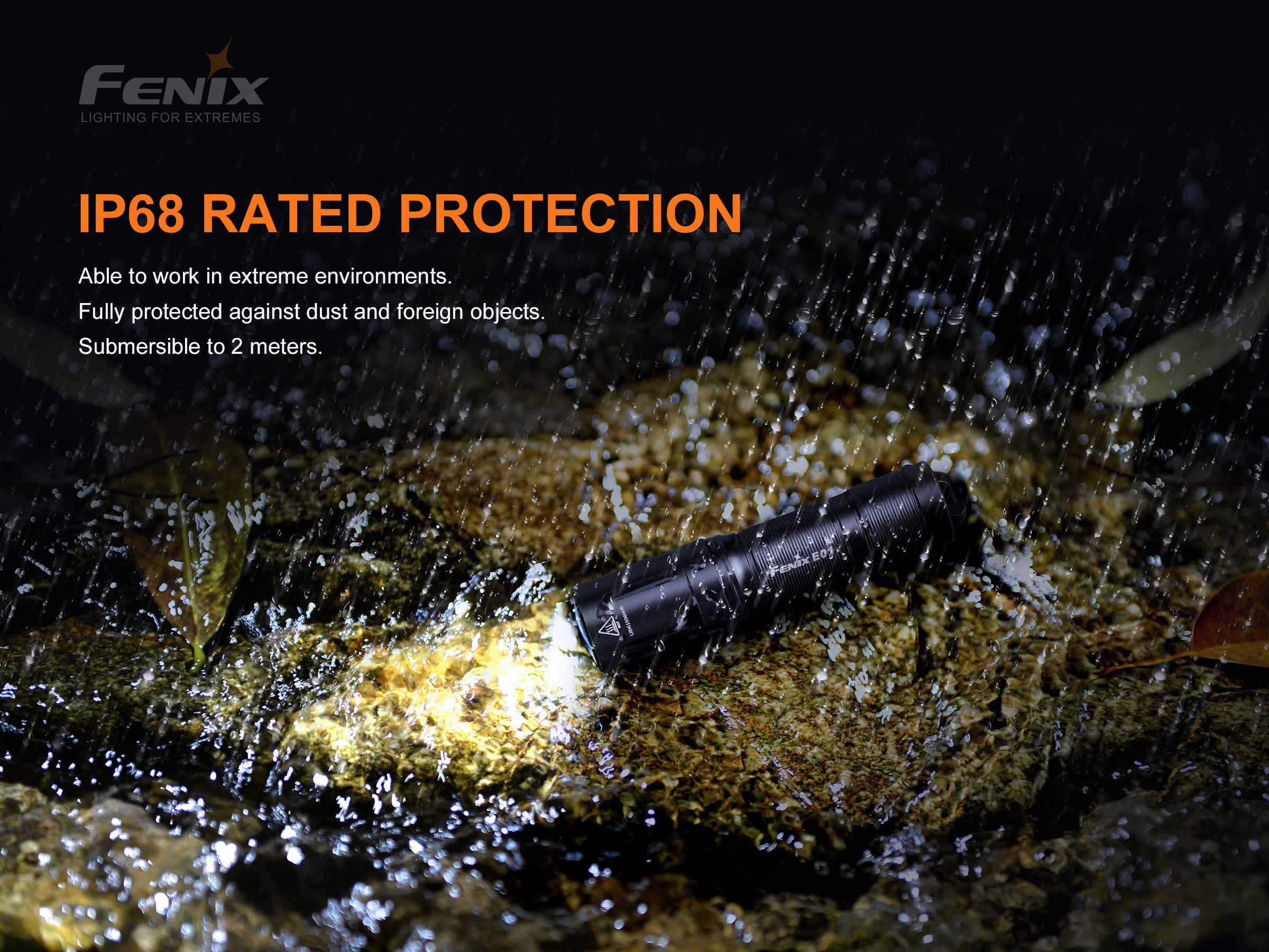 Fenix E01 V2.0 Mini Keychain Flashlight with IP68 rated protection.