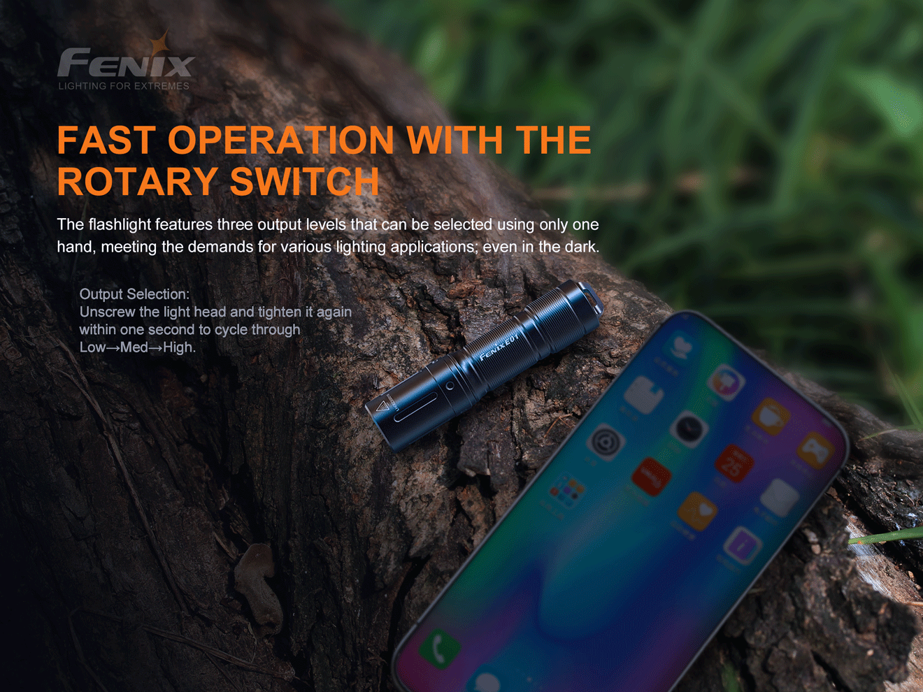 Fenix E01 V2.0 Mini Keychain Flashlight with fast operation from the rotary switch.