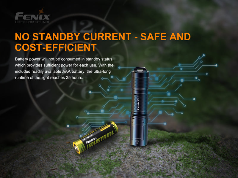 Fenix E01 V2.0 Mini Keychain Flashlight with no standby current that is safe and cost efficient.
