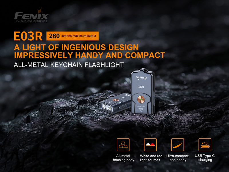 Fenix E03R All metal keychain flashlight with 260 lumens maximum output