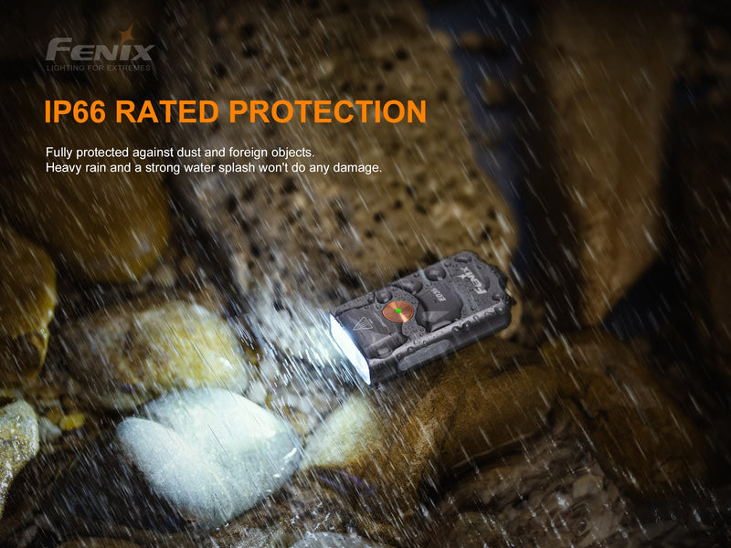 Fenix E03R All metal keychain flashlight with IP66 rated protection.