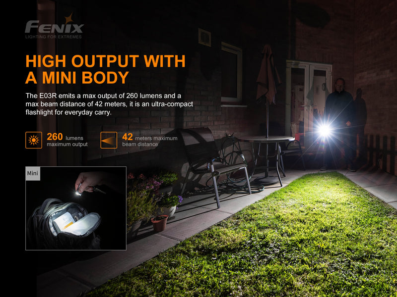 Fenix E03R All metal keychain flashlight with high output with a mini body.