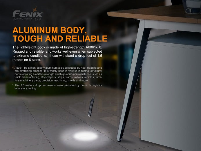 Fenix E20 V2.0 compact EDC flashlight has aluminum body that is tough and reliable.