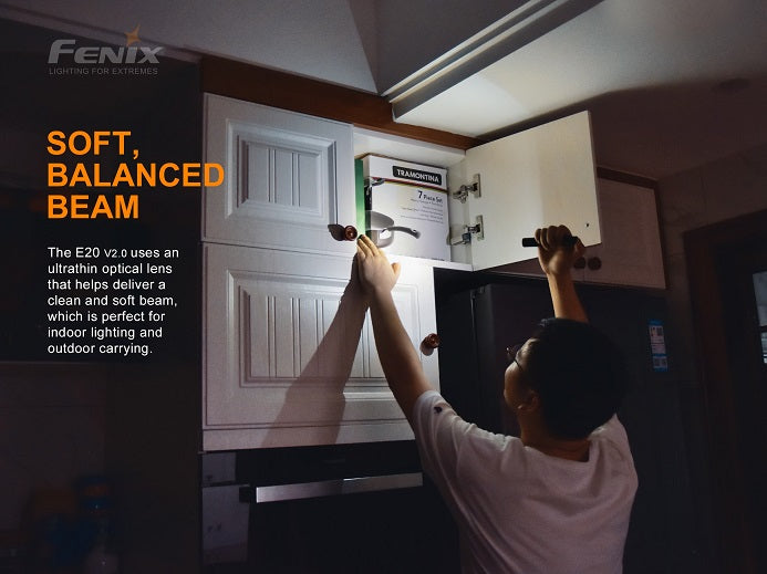 Fenix E20 V2.0 compact EDC flashlight has soft balance beam.