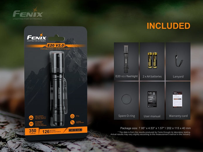 Fenix E20 V2.0 compact EDC flashlight included accessories.