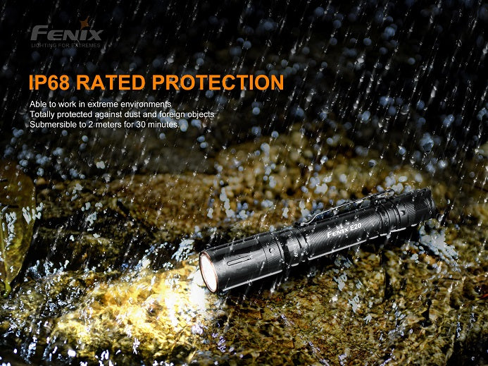 Fenix E20 V2.0 compact EDC flashlight that is IP68 rated protection
