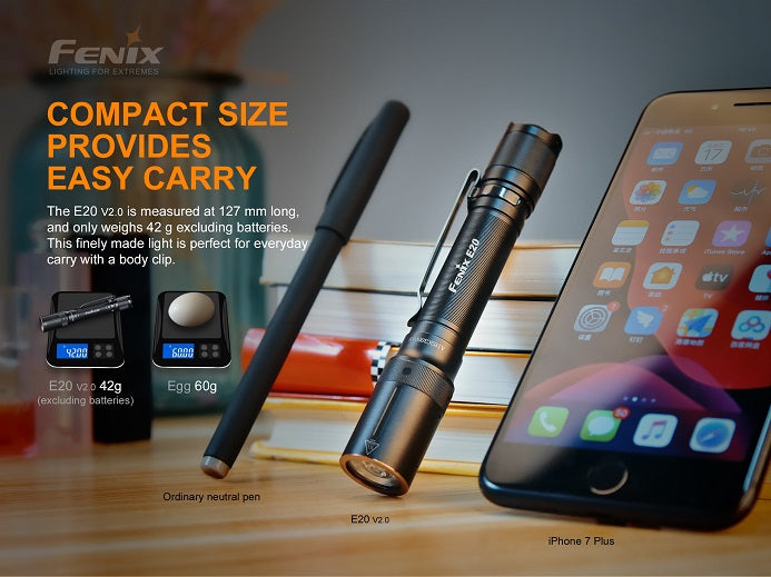 Fenix E20 V2.0 compact EDC flashlight with compact size provides easy carry.