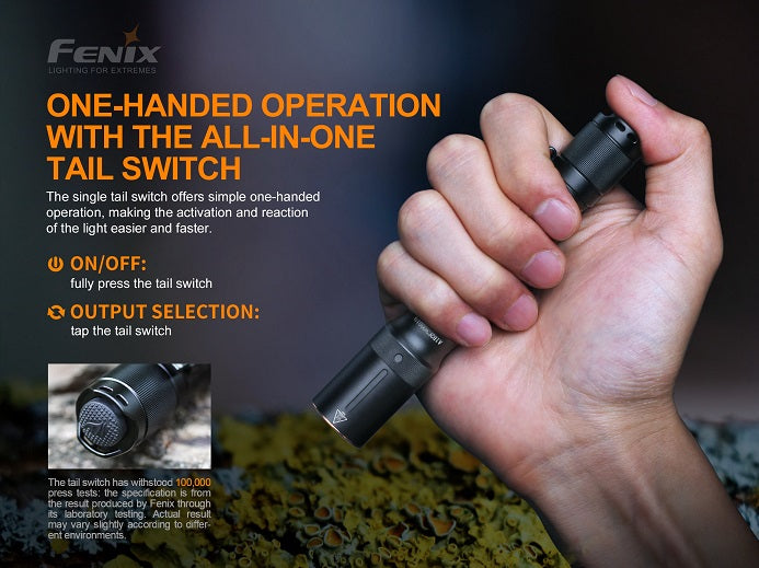 Fenix E20 V2.0 compact EDC flashlight with one handed operation that has all in one tail switch