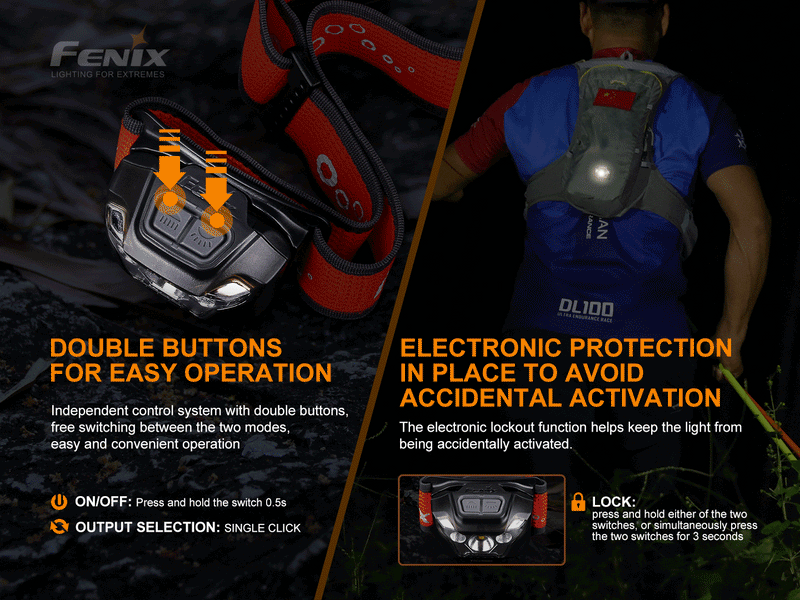 Fenix HL18R T Ultralight Trail Running Headlamp with double buttons for easy operation