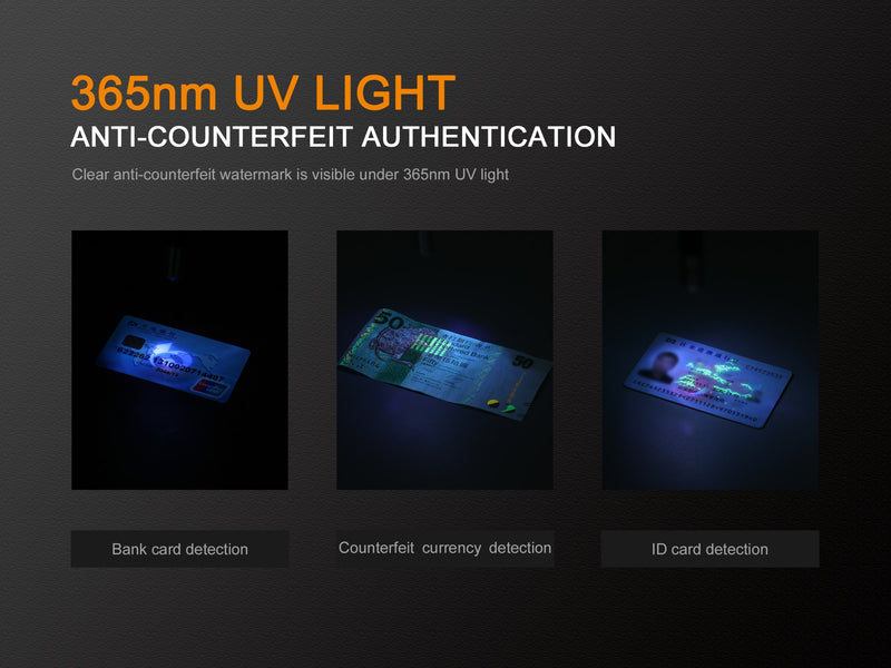 Fenix LD02 V2.0 Dual Lighting Sources Penlight has 365nm UV light with anti counterfeit authentication.