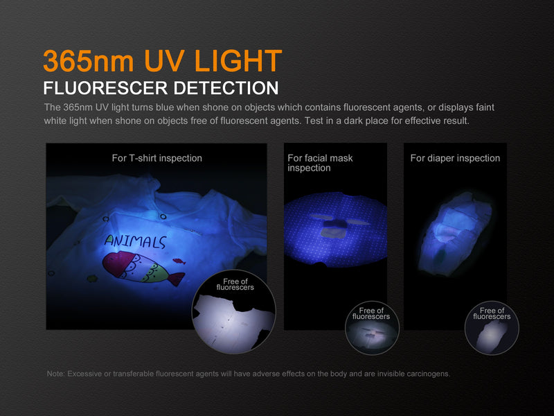 Fenix LD02 V2.0 Dual Lighting Sources Penlight has 365nm UV light with fluorescer detection.