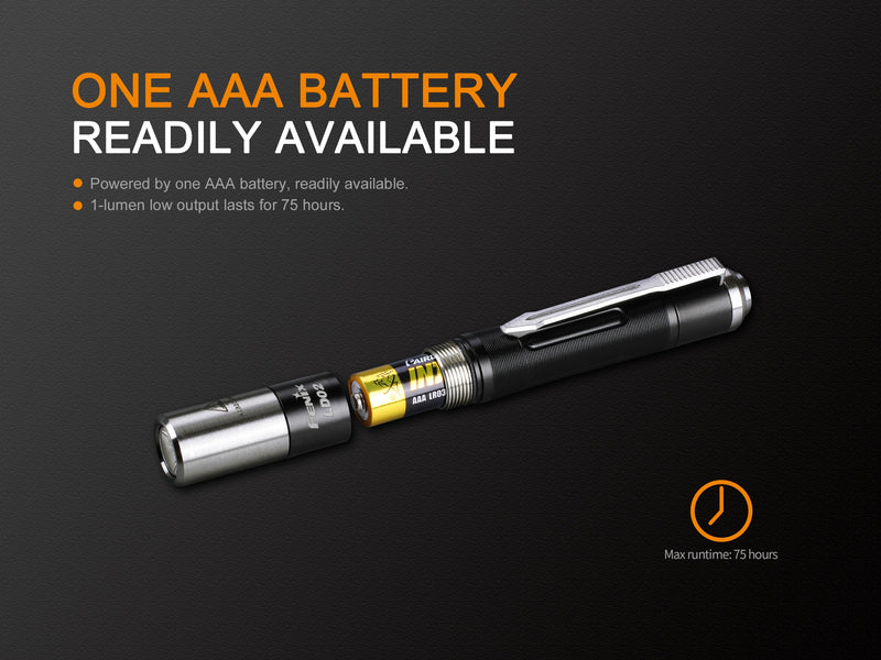 Fenix LD02 V2.0 Dual Lighting Sources Penlight has one AAA battery that is readily available.