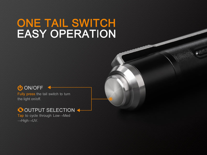 Fenix LD02 V2.0 Dual Lighting Sources Penlight has one tail switch for easy operation.