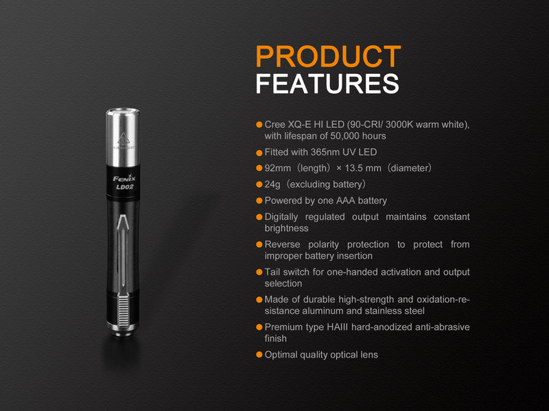 Fenix LD02 V2.0 Dual Lighting Sources Penlight product features.