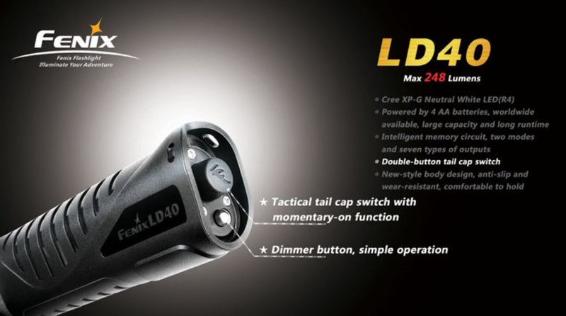 Fenix LD40 flashlight with tactical tail cap switch with momentary on function