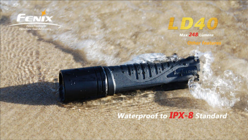 Fenix LD40 flashlight with water proof to IPX-8 standard