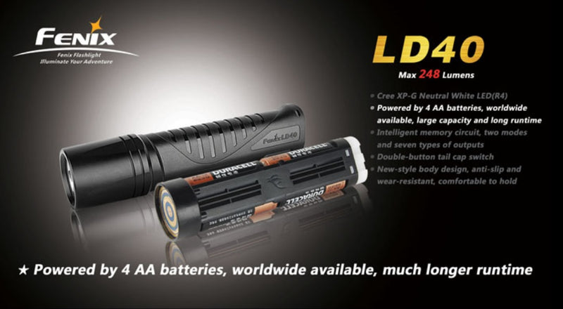 Fenix LD40 powered by 4 AA batteries