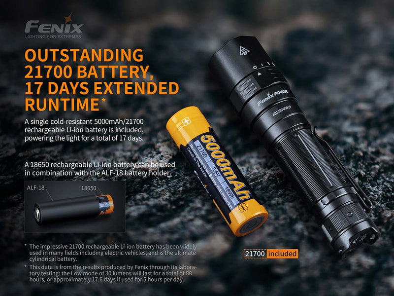 Fenix PD40R V2.0 Maximum 3000 lumens led flashlight has outsatnding 21700 battery, 17 days extended runtime