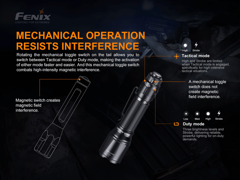Fenix TK11 TAC can rotating the mechancial toggle switch on the tail allows you to switch between between Tactical mode or duty mode.