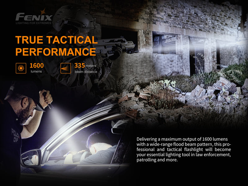 Fenix TK11 TAC delivering a maximum output of 1600 lumens and 335 meters of beam distance.