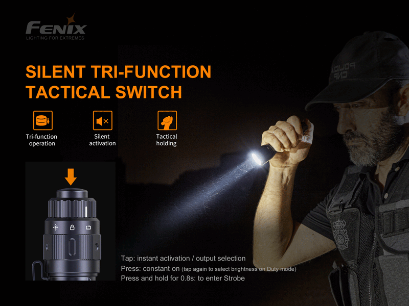Fenix TK15 TAC has silent tri function tactical switch.