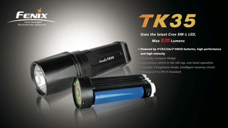 Fenix TK35 led flashlight is powered by 4 x ce123a or 2 x 18650 batteries and is high performance and high intensity.