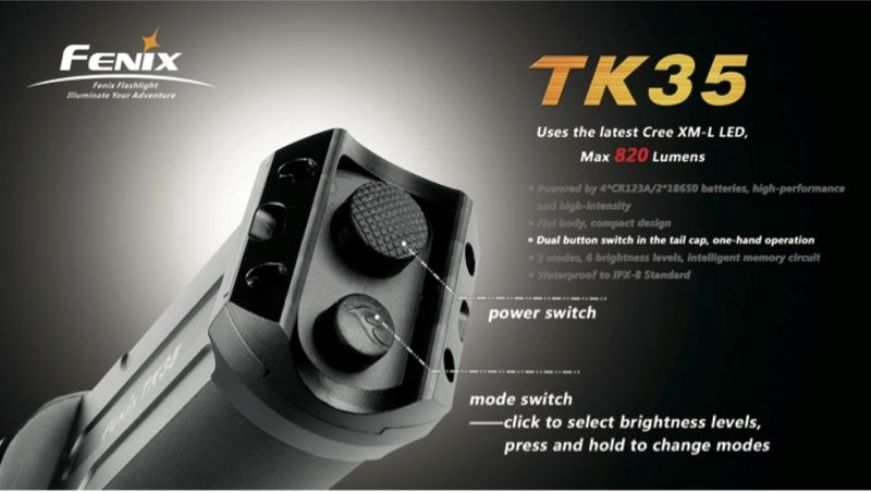 Fenix TK35 has dual button switch in the tail cap with one hand operation.