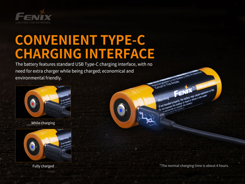 Fenix ARB L21 5000U USB Rechargeable 21700 Li-ion Battery has a convenient type C charging interface.