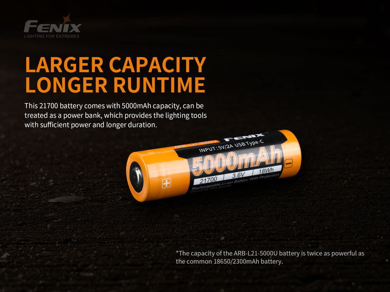 Fenix ARB L21 5000U USB Rechargeable 21700 Li-ion Battery has larger capacity run time