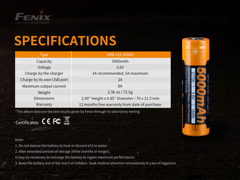 Fenix ARB L21 5000U USB Rechargeable 21700 Li-ion Battery