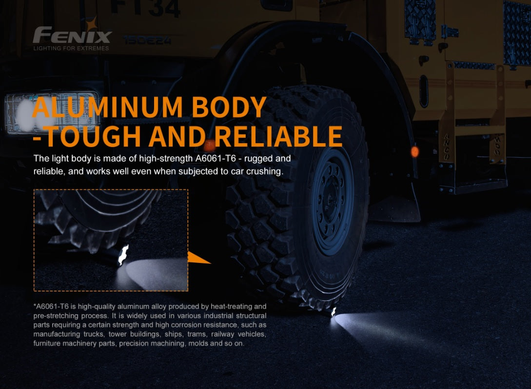 Fenix TK22UE tactical led flashlight with 1600 lumens has aluminum body and is tough and reliable.