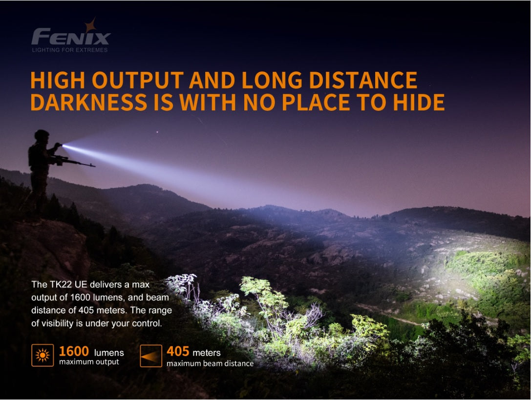 Fenix TK22UE tactical led flashlight with 1600 lumens has high output and long distance darkness is with no place to hide.
