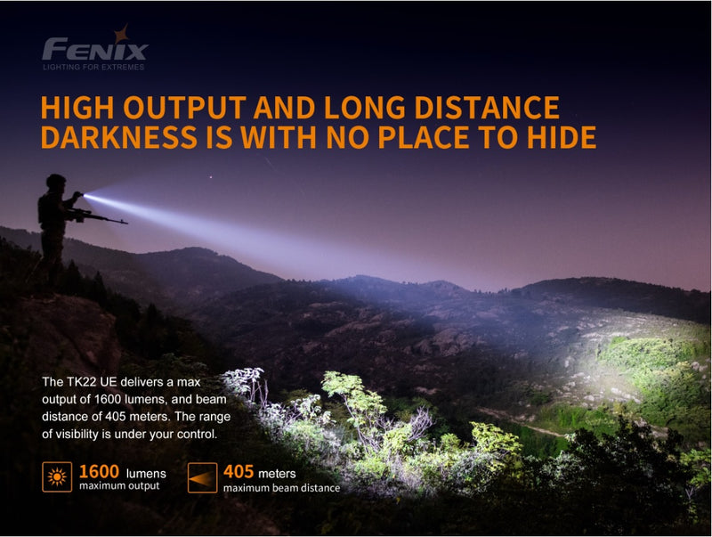Fenix TK22UE tactical led flashlight with 1600 lumens has high output and long distance darkness is with no place to hide.