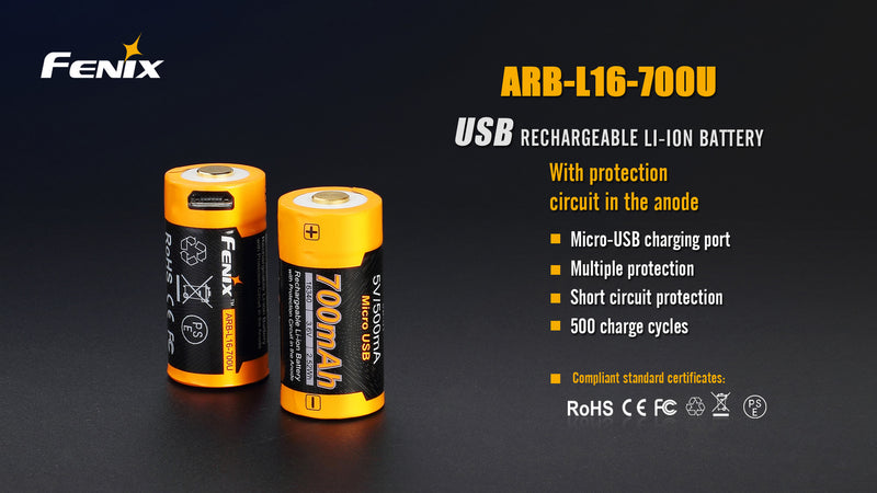Fenix ARB L16 700U Micro USB Rechargeable Li-ion Battery with protection circuit in the anode.