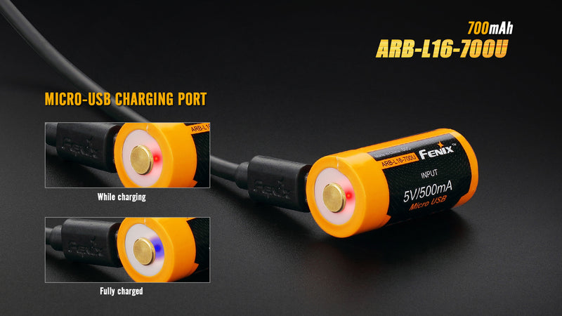Fenix ARB L16 700U Micro USB Rechargeable Li-ion Battery with micro usb charging port.