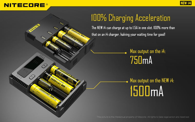 Nitecore Intellicharger i4 universal charger has 100% charging 100% acceleration.