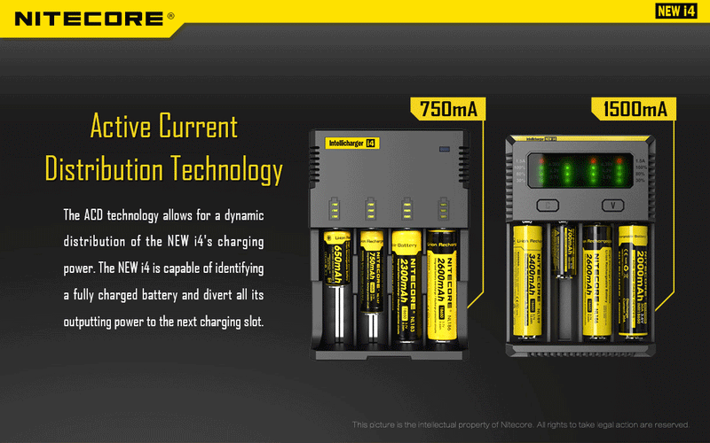 nitecore i4 charger has active current distribution technology.