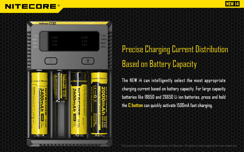 Nitecore i4 charger in Canada has precise charging charging current distribution based on battery capacity.