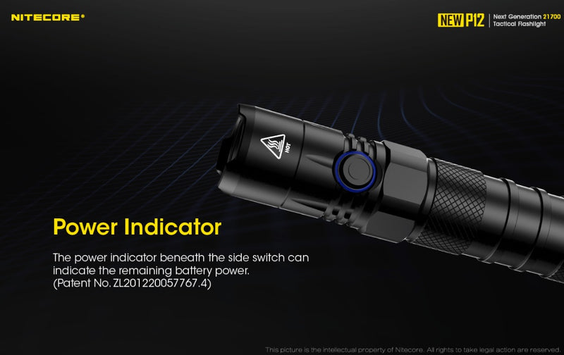 New P12 21700 Tactical Flashlight has power indicator.