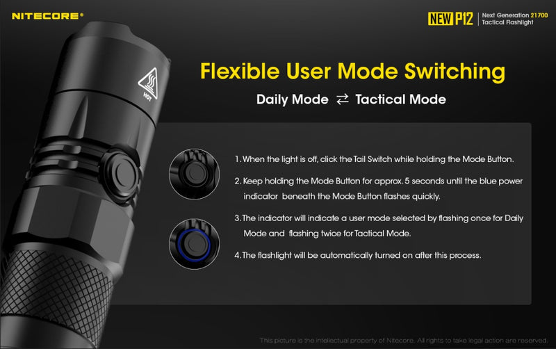 New P12 21700 Tactical Flashlight with flexible user mode switching.
