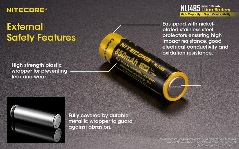 Nitecore Nl1485 Li-ion Battery 850 mah Nl1485 has many external safety features.