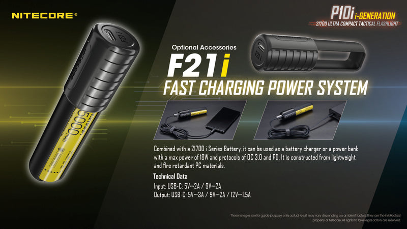 Nitecore P10i i Generation 21700 Ultra Compact Tactical Flashlight with F21i fast charging power system.