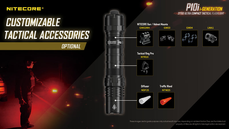 Nitecore P10i i Generation 21700 Ultra Compact Tactical Flashlight with customizable tactical accessoriess