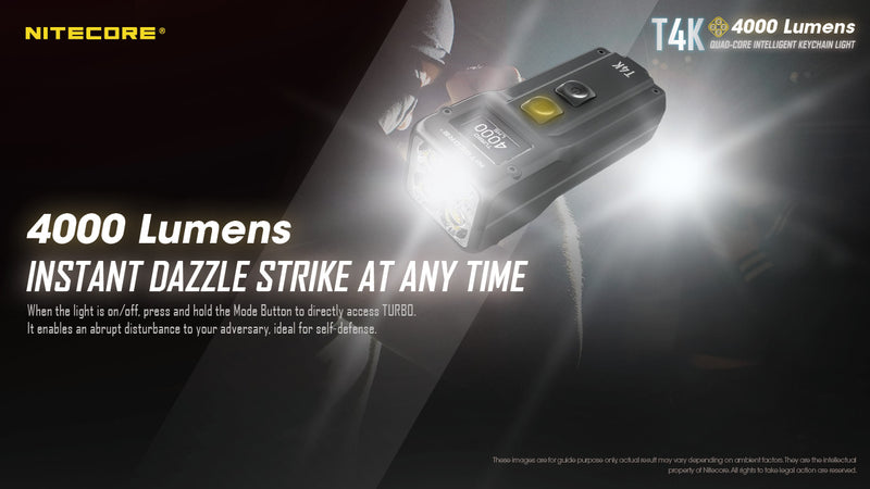 Nitecore T4K Quad Core Intelligent Keychain Light with 4000 lumens Instant Dazzle Strike at any time.