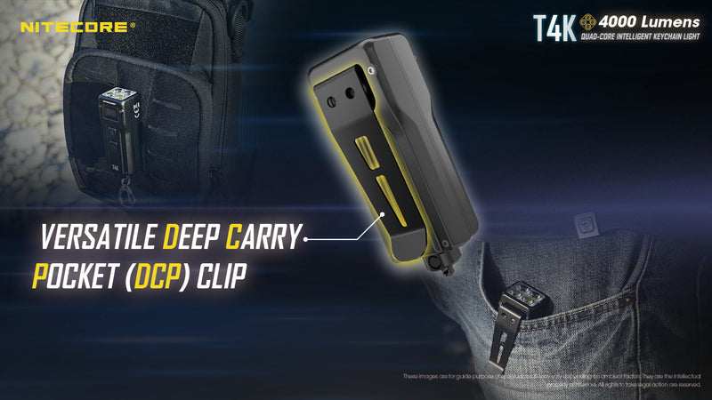 Nitecore T4K Quad Core Intelligent Keychain Light with versatile deep carry pocket DCP clip