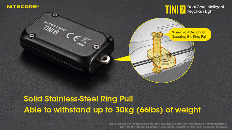 Nitecore TINI2 Keychain light with solid Stainless Steel Ring Pull Able to withstand up to 30 KG of weight