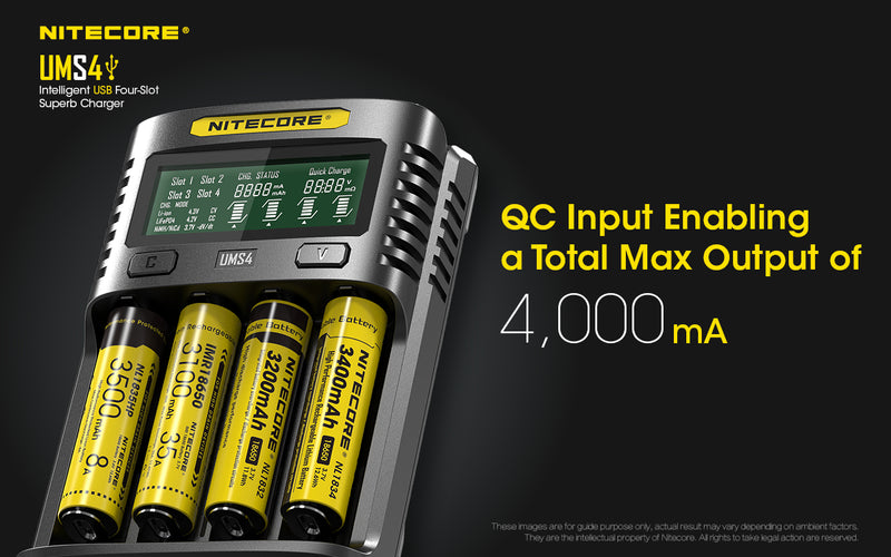 Nitecore UMS4 Intelligent USB Four Slot Superb Charger with QC Input Enabling a Total Maximum Output of 4,000 ma .