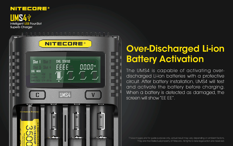 Nitecore UMS4 Intelligent USB Four Slot Superb Charger with over discharged Li-ion Battery Activation