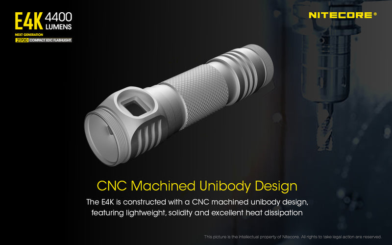 Nitecore E4K Next Generation 21700 Compact EDC flashlight has CNC Machined Unibody Design